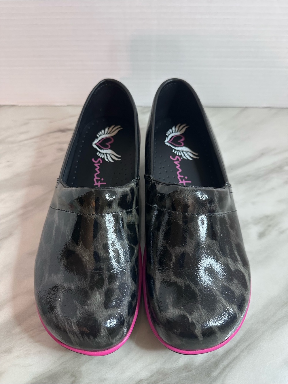 smitten Black Leopard Patent Mules with Pink Trim